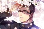  1boy bara black_hair blurry blurry_foreground cherry_blossoms close-up face falling_petals gakuran glasses glowing_petals hand_to_own_face jin_akhr long_sideburns male_focus mole mole_under_eye muscular muscular_male open_mouth petals rimless_eyewear school_uniform shiro_(housamo) short_hair sideburns smile solo thick_eyebrows tokyo_afterschool_summoners twitter_username white_background 