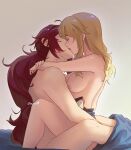  1boy 1girl arms_around_neck bed_sheet blonde_hair blush breasts chocorut closed_eyes diluc_(genshin_impact) french_kiss from_side genshin_impact girl_on_top grey_background hetero highres implied_sex jean_(genshin_impact) kiss long_hair medium_breasts nipples nude red_hair shiny shiny_hair straight_hair under_covers very_long_hair 