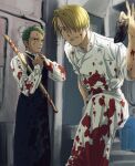  2boys 4myaku1 blonde_hair blood blood_on_clothes blood_splatter bokken commentary_request delinquent feet_out_of_frame from_below green_hair highres holding holding_sword holding_weapon looking_at_viewer looking_down male_focus multiple_boys one_piece pov roronoa_zoro sanji sword weapon wooden_sword 