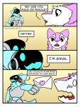  2022 3:4 absurd_res ambiguous_gender anthro blue_body blue_eyes blue_fur blush comic dialogue duo english_text fur heartermobs hi_res holding_object humor letter machine open_mouth pink_body pink_fur protogen sergal simple_background speech_bubble text visor white_body white_fur 