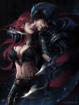  5742fruit absurdres breasts green_eyes highres katarina_(league_of_legends) league_of_legends lips navel necktie provocation red_hair talon_(league_of_legends) tattoo yellow_eyes 