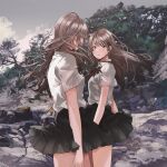  2girls bangs black_skirt blush brown_eyes brown_hair cloud cloudy_sky collared_shirt expressionless fly_(marguerite) highres long_hair looking_at_another multiple_girls original outdoors parted_lips pleated_skirt rock school_uniform shirt short_sleeves skirt sky standing tree white_shirt 