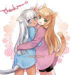  2girls animal_ear_fluff animal_ears bangs bike_shorts black_shorts blue_dress blue_eyes blunt_bangs brown_hair cat_ears cat_girl cat_tail cheek-to-cheek dark-skinned_female dark_skin dress face-to-face green_eyes hagihiyo_(hagihiyo525) heads_together highres hug long_hair looking_at_viewer multiple_girls open_mouth original pink_dress shorts shorts_under_dress silver_hair smile tail v 