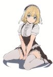  1girl alp aqua_eyes bangs between_legs black_footwear blonde_hair blunt_bangs center_frills closed_mouth commentary eyebrows_visible_through_hair fleur_de_lapin_uniform frilled_hairband frills full_body gochuumon_wa_usagi_desu_ka? hairband hand_between_legs head_tilt highres kirima_syaro lolita_hairband looking_at_viewer puffy_short_sleeves puffy_sleeves shoes short_hair short_sleeves simple_background sitting smile solo thighhighs wariza white_background white_legwear 