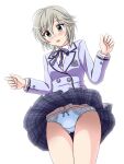  anastasia_(idolmaster) ass_visible_through_thighs bangs blazer blue_eyes blue_panties blush bow bow_panties bowtie breasts buttons checkered_clothes checkered_skirt clothes_lift commentary_request cowboy_shot eyebrows_visible_through_hair grey_skirt hands_up idolmaster idolmaster_cinderella_girls jacket lielos long_sleeves medium_breasts open_mouth panties pantyshot school_uniform shirt short_hair silver_hair skirt skirt_lift solo surprised thighs underwear white_shirt wind wind_lift 
