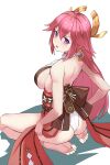  1girl animal_ears ass bare_arms bare_back bare_legs barefoot blush breasts earrings embarrassed feet genshin_impact haimei1980 hair_ornament highres japanese_clothes jewelry large_breasts long_hair looking_at_viewer looking_back obi open_mouth pink_hair purple_eyes sash seiza sitting soles yae_miko 