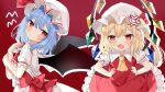  2girls anger_vein angry ascot back_bow bangs bat_wings belt blonde_hair blue_hair blush bow closed_mouth collared_dress collared_shirt commentary_request crystal dress eyebrows_visible_through_hair eyes_visible_through_hair fingernails flandre_scarlet frills gem hair_between_eyes hands_on_hips hands_up hat hat_ribbon highres jewelry looking_at_another looking_to_the_side mob_cap multicolored_wings multiple_girls nail_polish one_side_up open_mouth puffy_short_sleeves puffy_sleeves red_ascot red_background red_belt red_bow red_dress red_eyes red_nails red_ribbon remilia_scarlet ribbon shirt short_hair short_sleeves siblings sisters standing touhou white_dress white_headwear white_shirt wings yellow_ascot yumeno_ruruka 