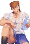  1boy alternate_costume bangs black_hair blue_shorts blush bottle brown_hair collarbone danganronpa:_trigger_happy_havoc danganronpa_(series) fang grey_background hair_between_eyes highres holding holding_bottle knee_up lower_teeth male_focus multicolored_hair muscular muscular_male no_male_underwear oowada_mondo open_mouth penis pompadour qwq1151h shirt shorts simple_background sitting socks sweat teeth water wet wet_clothes wet_shirt white_shirt 