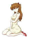  1girl absurdres bangs between_legs blue_eyes breasts brown_hair cleavage collarbone dress full_body hair_between_eyes hand_between_legs headgear highres long_hair looking_at_viewer medium_breasts meibing_uc neon_genesis_evangelion open_mouth red_footwear shiny shiny_hair short_dress simple_background sitting sketch sleeveless sleeveless_dress solo souryuu_asuka_langley sundress wariza white_background white_dress 