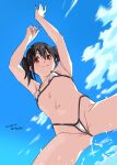  1girl armpits arms_up artist_name baba_arumi bikini black_hair blue_background blue_sky blush breasts cameltoe cloud cloudy_sky crotch dated day from_below highleg highleg_bikini highleg_swimsuit looking_at_viewer love_live! love_live!_school_idol_project micro_bikini navel ocean outdoors partially_visible_vulva red_eyes signature sky small_breasts smile solo spread_legs standing swimsuit thong_bikini twintails water white_bikini 