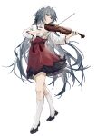  1girl absurdres bangs black_footwear black_hair chinese_clothes closed_mouth fu_hua fu_hua_(herrscher_of_sentience) highres holding holding_instrument honkai_(series) honkai_impact_3rd instrument long_hair long_sleeves qqqne red_eyes red_skirt shirt shoes simple_background skirt solo violin white_background white_legwear white_shirt 
