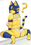  1girl :&lt; ? animal_crossing animal_ears ankha_(animal_crossing) ass closed_mouth colored_skin commentary english_commentary furry furry_female highres legs looking_back md5_mismatch plump poyoart self_upload sitting solo tail thick_thighs thighs twitter_username watermark yellow_skin 