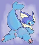  anus butt dustyspaghetti eeveelution female feral genitals looking_at_viewer looking_back looking_back_at_viewer mammal nintendo pok&eacute;mon pok&eacute;mon_(species) pussy rear_view simple_background smile solo sploot tongue tongue_out vaporeon video_games 