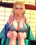  1girl artist_name blonde_hair blue_bra blue_panties bra breasts cleavage facial_mark forehead_mark green_kimono indoors japanese_clothes jewelry kimono large_breasts lips long_hair looking_at_viewer mature_female naruto naruto_(series) naruto_shippuuden necklace nikichen nose open_clothes open_kimono orange_eyes panties sagging_breasts sitting sweat tongue tongue_out tsunade_(naruto) underwear 