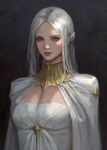  1girl absurdres bangs black_background braid breasts capelet cleavage crown_braid dress earrings english_commentary goldpair highres jewelry long_hair original parted_bangs parted_lips realistic shaded_face solo upper_body white_capelet white_dress white_hair yellow_eyes 