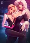  2girls black_cat_(marvel) bodysuit breasts claws cleavage domino_mask eyebrow_piercing fur_trim gloves gwen_stacy hood hood_down hooded_bodysuit latex marvel mask multiple_girls nipple_slip nipples no_bra parted_lips piercing queen_complex sidecut smile spider-gwen spider-man:_into_the_spider-verse spider-man_(series) spider_web_print tooth_gap undressing unzipped white_gloves white_hair 