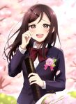  1girl :d absurdres blazer blush bow bowtie brown_eyes brown_hair collared_shirt crying crying_with_eyes_open dengeki_moeoh diagonal-striped_bow diagonal-striped_bowtie diagonal-striped_clothes diploma diploma_tube falling_petals flower furrowed_brow hair_ornament hairclip happy highres holding holding_diploma jacket long_hair looking_at_viewer magazine_scan open_mouth original petals pink_flower pink_petals red_bow red_bowtie ric._(marchen_mozuku) scan school_uniform shirt smile solo striped_bow striped_bowtie striped_clothes tears teeth upper_body upper_teeth_only white_shirt wiping_tears 
