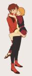  1boy 1girl age_difference closed_eyes commentary_request elpeo_puru green_eyes gundam gundam_zz jacket judau_ashta mobile_suit_gundam open_mouth orange_hair red_jacket smile 