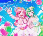  2girls balloon blue_eyes breasts bright_pupils cleavage collarbone dress flower green_hair hair_behind_ear hair_flower hair_ornament heart highres jewelry large_breasts locked_arms long_hair m_rgfn macross macross_delta makina_nakajima medium_breasts multiple_girls open_hand open_hands pink_dress pink_flower pink_hair reina_prowler ring short_hair smile white_pupils wife_and_wife wrist_cuffs yellow_flower yuri 