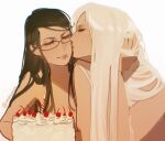  2girls bayonetta bayonetta_(series) black_hair blush cake closed_eyes closed_mouth commentary english_commentary food glasses hiroshi_(hiiroshiiii) jeanne_(bayonetta) kiss kissing_cheek long_hair mole mole_under_mouth multiple_girls nude simple_background twitter_username white_background white_hair yuri 