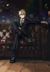  1boy bakugou_katsuki black_footwear black_legwear blonde_hair boku_no_hero_academia couch crossed_legs frown grey_necktie hand_on_thigh highres light male_focus mkm_(mkm_storage) necktie red_eyes shoes signature sitting solo spiked_hair tuxedo 