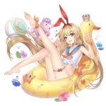  1girl ball balusah bangs beachball blonde_hair blue_eyes bow bracelet braid crown flower flower_request hairband inflatable_raft jewelry leaf long_hair mahjong_soul mikami_chiori official_art simple_background solo stuffed_animal stuffed_toy teddy_bear water white_background yostar 