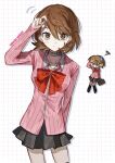  1girl armband black_skirt bow bowtie brown_hair cardigan choker fur-trimmed_sweater fur_trim hair_between_eyes highres looking_at_viewer loose_bowtie persona persona_3 persona_3_reload pink_cardigan red_armband ribbed_cardigan school_uniform short_hair simple_background skirt sweater takeba_yukari white_choker xyurux0 yasogami_school_uniform 