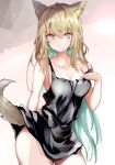  1girl animal_ears aqua_eyes aqua_hair atoshi black_dress blonde_hair breasts collarbone colored_inner_hair cowboy_shot dress eyebrows_visible_through_hair hair_between_eyes long_hair looking_at_viewer medium_breasts multicolored_hair original simple_background solo tail 