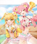  1girl beach belt blonde_hair breasts cleavage fingerless_gloves gloves green_eyes highres idolmaster idolmaster_cinderella_girls jougasaki_mika jougasaki_rika megaphone midriff navel pink_hair pointing risu_mikap short_shorts shorts v water yellow_eyes 