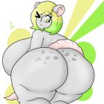  anthro big_breasts big_butt breasts butt felestell female fur green_eyes grey_body grey_fur hair hi_res huge_breasts huge_butt mammal murid murine one_eye_closed overweight rat rear_view rodent short_hair short_stack signature solo standing tagme 