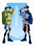  2boys absurdres azisaiharumaki56 backpack bag black_hat black_leggings black_shorts blue_bag brothers commentary_request emmet_(pokemon) english_text full_body grey_hair grey_hat hat highres hiking holding holding_map ingo_(pokemon) jacket leggings male_focus map multiple_boys poke_ball poke_ball_(basic) pokemon pokemon_bw shorts siblings twins yellow_bag 
