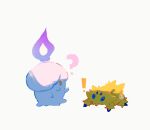  ! ? azisaiharumaki56 blue_eyes commentary_request fire full_body joltik litwick no_humans pokemon pokemon_(creature) purple_fire signature simple_background yellow_eyes 