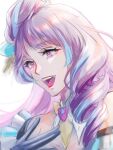  1girl :d bangs black_gloves blue_hair breasts cleavage detached_sleeves eyebrows_visible_through_hair from_side gloves hair_bun highres long_hair macross macross_delta mikumo_guynemer multicolored_hair open_mouth purple_eyes purple_hair sketch smile solo streaked_hair white_background y_(poipiku_4665127) 