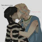  2girls black_hair black_nails blonde_hair blue_streaks blue_sweater_vest blush braid commentary english_commentary english_text enid_sinclair flying_sweatdrops french_kiss grey_background hair_ornament hairclip highres kiss multiple_girls pink_nails pink_streaks shirt short_hair simple_background striped_clothes striped_shirt sweater_vest the_addams_family tuxiaoning_not twin_braids wednesday_(netflix) wednesday_addams white_shirt yuri 