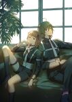  1boy 1girl ahoge amagase_touma amami_haruka black_pants black_ribbon black_shirt black_shorts brown_eyes brown_hair commentary_request couch green_eyes hair_ribbon highres idolmaster idolmaster_(classic) idolmaster_side-m leaning_on_person looking_at_viewer matching_outfits mintpmintp necktie on_couch pants ribbon shirt short_hair shorts sitting white_necktie 