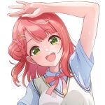  1girl arm_up blush braid braided_bun commentary_request eyebrows_visible_through_hair green_eyes hair_ornament highres love_live! love_live!_nijigasaki_high_school_idol_club neck_ribbon necocafe_lili nijigasaki_academy_uniform orange_hair red_ribbon ribbon shirt short_hair short_sleeves side_bun simple_background solo sweater_vest uehara_ayumu upper_body white_background white_shirt 