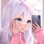  1girl animal_ear_fluff animal_ears bangs cat_ears cellphone closed_mouth commentary_request eyebrows_behind_hair hair_between_eyes hands_up holding holding_phone long_hair long_sleeves looking_away nami_(nyaa) original phone pink_sweater puffy_long_sleeves puffy_sleeves selfie silver_hair sleeves_past_wrists smile solo sweater upper_body window 