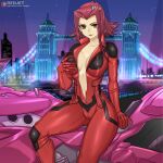  1girl biker_clothes bikesuit blurry blurry_background bodysuit breast_grab breasts brown_eyes grabbing ground_vehicle izayoi_aki large_breasts looking_at_viewer motor_vehicle motorcycle navel no_bra open_bodysuit red_bodysuit red_hair redjet short_hair_with_long_locks sitting solo unzipped yu-gi-oh! yu-gi-oh!_5d&#039;s zipper_pull_tab 