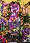  anthro astropandaart clothing costume detailed eye_contact felid hair hi_res hybrid jacket jewelry looking_at_another male mammal muscular necklace paint pecs piercing sfw smile sneer solo spray_paint spread_legs spreading tongue tongue_out topwear 