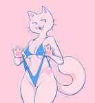  4_fingers anthro bikini bugjugs clothing felid feline female fingers genitals half-closed_eyes hi_res mammal narrowed_eyes nipple_outline open_mouth pawpads pink_background pink_pawpads pussy pussy_floss selective_coloring simple_background smile swimwear whiskers wide_hips 