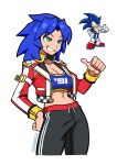  1girl absurdres black_pants blue_hair breasts cleavage crop_top genderswap genderswap_(mtf) green_eyes grin hand_on_hip highres humanization jacket machturne medium_hair midriff navel pants simple_background smile sonic_(series) sonic_battle sonic_the_hedgehog spiked_hair thumbs_up white_background 