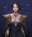  1girl armor bangs black_hair blue_background blue_dress blue_eyes bracer breasts cleavage dress earrings fantasy goldpair jewelry looking_to_the_side medium_breasts necklace original parted_bangs realistic short_hair shoulder_armor solo unfinished 