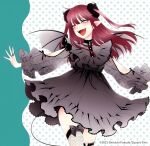  1girl artist_name bat_wings black_dress black_nails black_ribbon blue_polka_dots blush cosplay dated demon_girl demon_horns demon_tail demon_wings dress fake_pointy_ears fake_teeth fishnet_thighhighs fishnets floral_print floral_print_dress floral_print_sleeves frilled_dress frills fukuda_shinichi green_eyes highres horns kitagawa_marin long_hair official_art open_mouth pointy_ears polka_dot polka_dot_background print_dress red_hair ribbon rizu-kyun rizu-kyun_(cosplay) sharp_teeth solo sono_bisque_doll_wa_koi_wo_suru tail teeth thighhighs third-party_source wings 