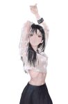  1girl absurdres arms_up black_hair black_skirt brown_eyes cowboy_shot dino_(dinoartforame) highres long_hair looking_at_viewer midriff open_mouth original pleated_skirt ribs shirt skirt solo wet wet_clothes wet_hair wet_shirt white_background white_shirt 