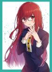  1girl bangs black-framed_eyewear blue_dress blush buttons commentary_request crossed_fingers dress eyebrows_visible_through_hair flying_sweatdrops glasses hair_between_eyes long_hair long_sleeves looking_at_viewer miyazakit nervous own_hands_together persona persona_5 persona_5_the_royal red_eyes red_hair solo spoilers straight_hair wavy_mouth yoshizawa_kasumi 