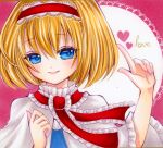  1girl alice_margatroid bangs blonde_hair blue_dress blue_eyes blush capelet closed_mouth commentary_request dress english_text eyebrows_visible_through_hair eyelashes eyes_visible_through_hair fingernails frills hair_between_eyes hairband hands_up heart highres lolita_hairband long_fingernails looking_to_the_side marker_(medium) necktie pink_background pointing red_hairband red_necktie short_hair short_sleeves smile solo touhou traditional_media upper_body white_background white_capelet yuuki_hana_(jtnp5334) 