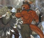 animagusurreal anthro avian beak biped bird bodily_fluids bottomwear brown_body brown_clothing brown_fur brown_hat brown_headwear bruce_roolan clothed clothed_anthro clothed_male clothing coraciiform crying_laughing duo eyes_closed feathered_wings feathers fur furgonomic_bottomwear furgonomic_hat furgonomic_headwear furgonomics gloves handwear hat headgear headwear holding_object holding_staff kangaroo king_kookaburra kingfisher kookaburra laugh looking_at_another macropod male mammal marsupial multicolored_body multicolored_feathers muscular muscular_anthro muscular_male open_mouth staff standing tail tears teeth tickle_fetish tickling tickling_armpits tickling_torso winged_arms wings