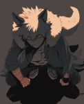  1boy animal_ears bakugou_katsuki bandaged_arm bandages blonde_hair boku_no_hero_academia chain chained_wrists fur_collar green_jacket jacket male_focus mkm_(mkm_storage) monochrome red_eyes scowl signature solo spiked_hair squatting tail wolf_ears wolf_tail 
