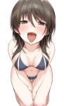  1girl alice_gear_aegis blush brown_eyes brown_hair commentary_request covered_nipples highres komekueyo kurogane_yuuto open_mouth oral_invitation simple_background solo swimsuit tongue white_background 