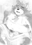  2022 absurd_res anthro belly blush bodily_fluids bulge canid canine canis domestic_dog hi_res kemono koginoro_28 male mammal moobs navel nipples overweight overweight_male sauna sitting solo sweat towel 
